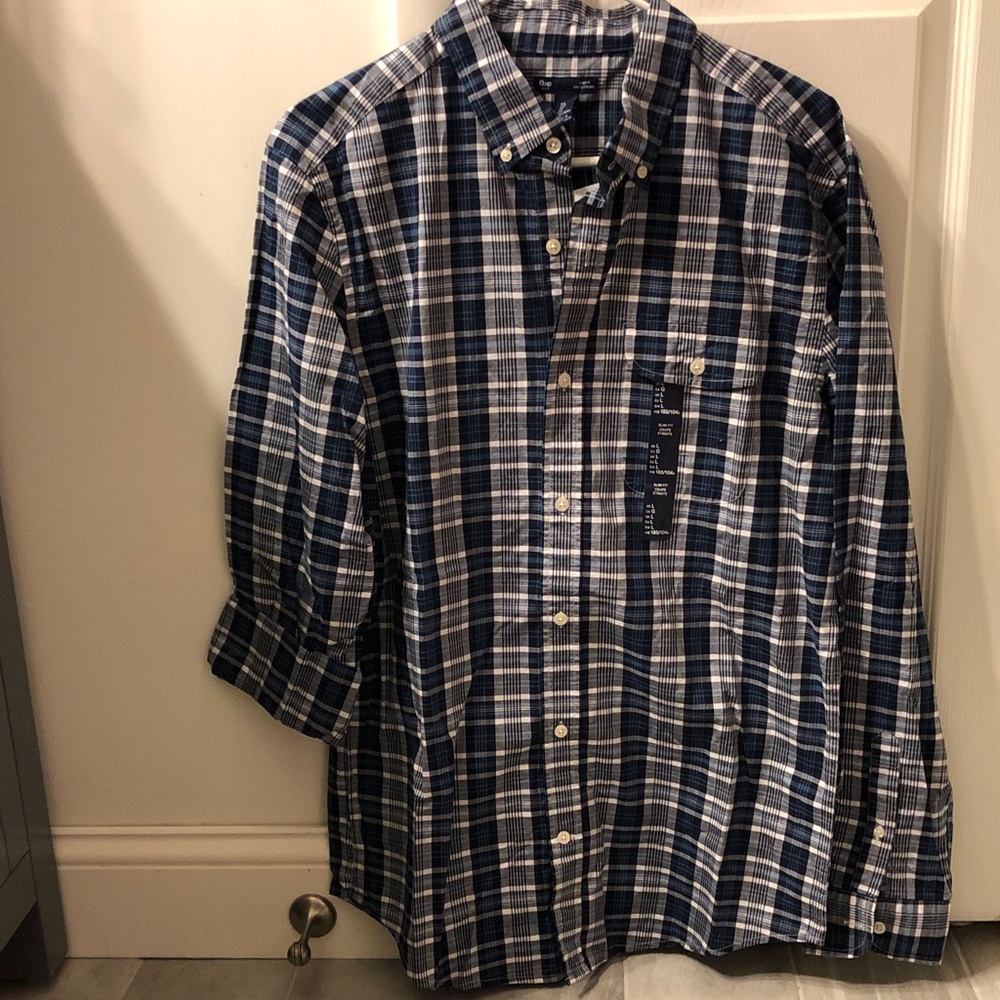 GAP Blue, Black and White Plaid Casual Button Down Shirt